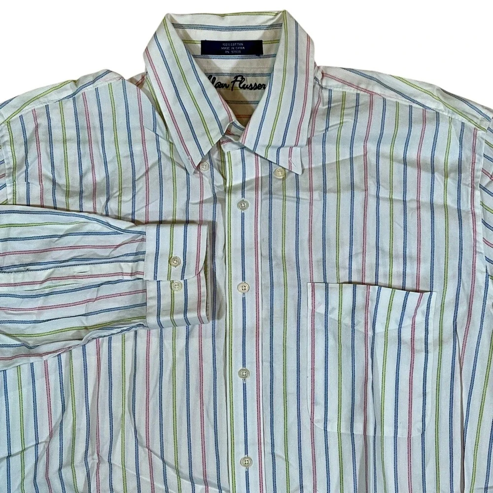 VTG Alan‎ Flusser Long Sleeve Button-Down Shirt White Pastel Stripes Mens Large